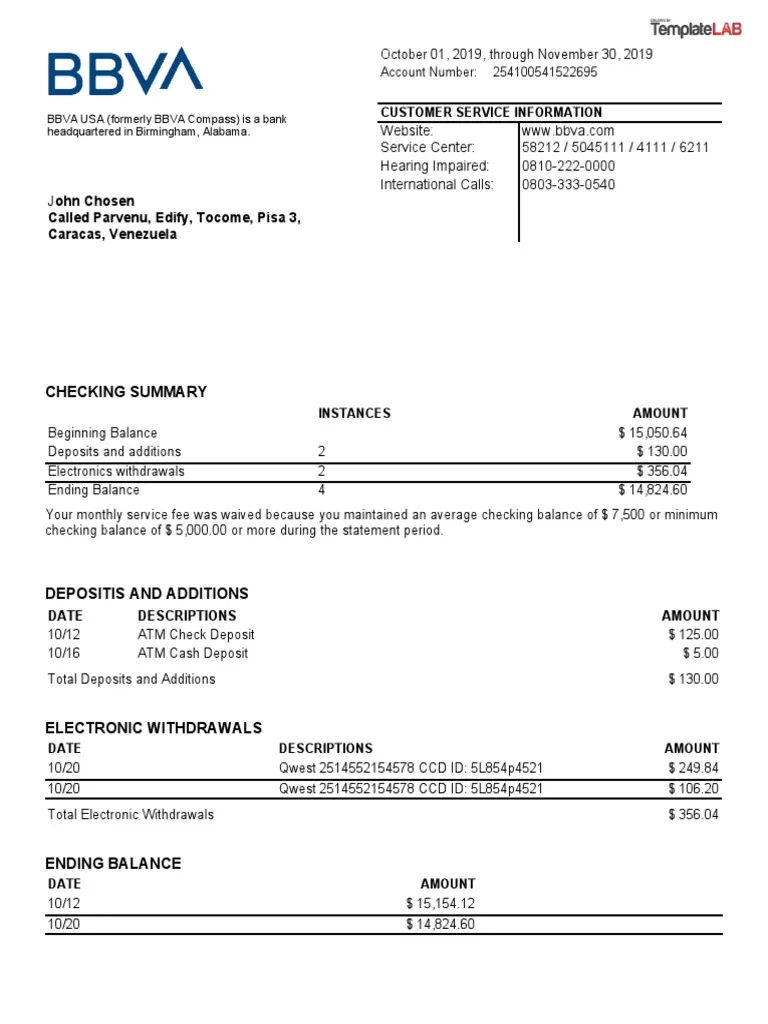 BBVA Bank Statement