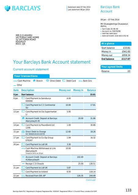 Barclays Bank Statement