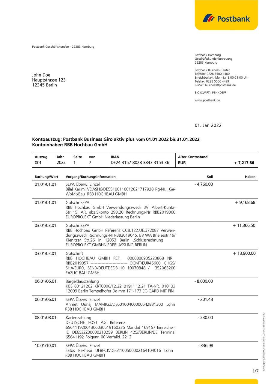 Germany Postbank Statement